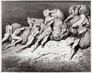 Inferno, Canto 7: De zielen van de gierigen en de verkwisters gedwongen zware stenen te rollen (Illustratie door Gustave Doré) door Gustave Dore