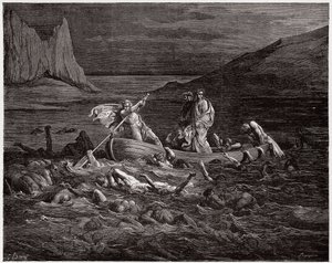 Inferno, Canto 8: Phlegyas brengt Dante en Virgil over de Styx (Illustratie door Gustave Doré) door Gustave Dore