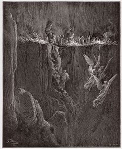 De Goddelijke Komedie, Purgatorio, Canto 25: Virgil en Dante stijgen naar de zevende cirkel door vlammen - door Dante Alighieri (1265-1321) - Illustratie door Gustave Dore (1832-1883)