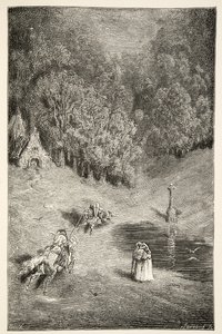 De Ontmoeting tussen Arthur en Pellinore, uit Verhalen van de Dagen van Koning Arthur door Charles Henry Hanson, pub.1898 door Gustave Dore