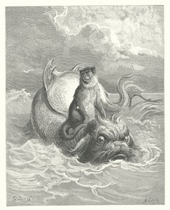 De fabels van La Fontaine: De aap en de dolfijn (gravure) door Gustave Dore
