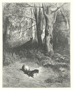 De fabels van La Fontaine: De twee ratten, de vos en het ei (gravure) door Gustave Dore