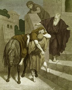 De barmhartige Samaritaan in de herberg, door Doré - Bijbel