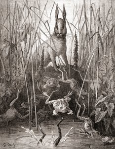 De haas en de kikkers, uit een late 19e-eeuwse editie van Fabels de La Fontaine