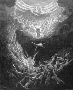 Het Laatste Oordeel. Bijbel Boek Openbaring 20:11. Illustratie door Gustave Doré 1865-1866. Houtsnede door Gustave Dore