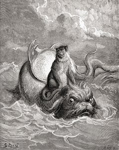 De Aap en De Dolfijn na een werk van Gustave Dore voor een La Fontaine fabel uit Leven en Herinneringen van Gustave Dore, gepubliceerd 1885