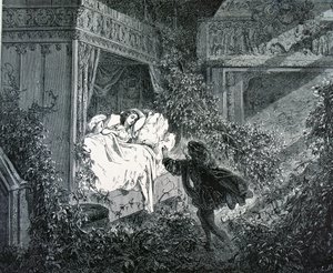 De Prins komt de slaapkamer van de Prinses binnen in het betoverde kasteel, illustratie voor 