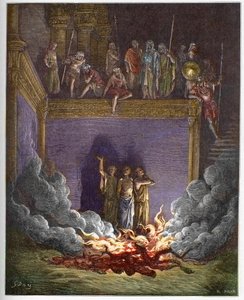 De brandende oven (de drie kinderen van Babylon, de drie jonge Hebreeën of de drie jonge mannen) Ananias, Azarias en Misael in een brandende oven omdat ze weigeren te buigen voor het beeld van de koning van Babylon - De drie jonge mannen in de brandende ov