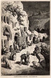 De grotten (ondergrondse huizen) van zigeuners, in Sacro Monte, in Granada. Gravure in Le tour du monde, bewerkt door Edouard Charton.