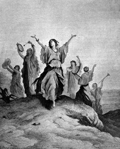 De dochter van Jefta, de rechter van Israël, ging haar vader tegemoet. Illustratie door Gustave Doré. Gravure uit de 19e eeuw. door Gustave Dore