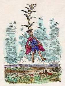 De eenden hijsen de Baron van Munchhausen (Munchausen) de lucht in. Illustratie door Gustave Dore (1832-1883) voor "" De wonderlijke avonturen te land en ter zee van de Baron van Munchausen "" van Rudolf Erich Raspe (1737-1794). door Gustave Dore