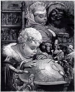 De opvoeding van Gargantua: de reus, kind, bestudeert een wereldbol met zijn leraren, onder het oog van zijn ouders door Gustave Dore