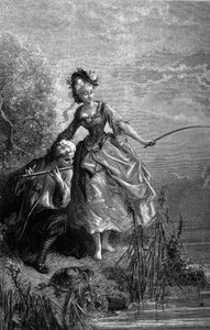 De vis en de herder die fluit speelt. Het geluid van de fluit dient als aas. Fabels van Jean de La Fontaine (1621-1695). Illustratie door Gustave Doré.