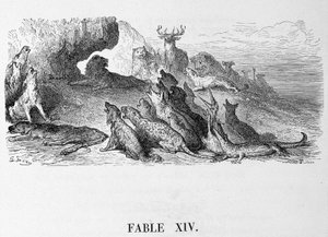 De begrafenis van de leeuwin - in "Fabels" van La Fontaine, ill. door Doré door Gustave Dore