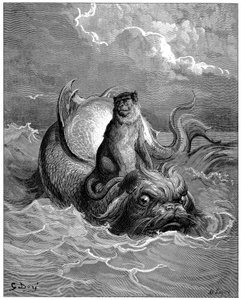 De aap en de dolfijn: fabel, Fabels door Jean de La Fontaine (1621-1695). Illustratie door Gustave Dore (1832-1883)