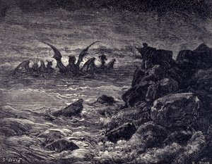 De profeet Daniël ziet monsters verschijnen: Haniel, Kafziel, Azriel, Aniel. Gravure uit de Bijbel geïllustreerd door Gustave Doré. 19e eeuw door Gustave Dore