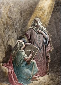 De profeet Jeremia dicteert zijn profetieën aan Baruch - Gekleurde gravure door Pannemacker, uit de Bijbel van Gustave Doré (1832-1883) door Gustave Dore