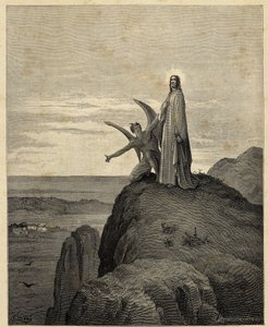 "De verzoeking van Christus" Jezus gaat de woestijn in en wordt verzocht door de duivel. Illustratie door Gustave Dore (1832-1883) voor de Bijbel. 1866 door Gustave Dore