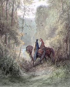 Ze verdwaalden onder bossen die leken op een bloemenparadijs (Guenièvre en Lancelot) - in Guenièvre door Alfred Tennyson, ill. door Gustave Doré Parijs, Librairie Hachette et Cie