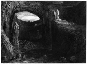 Virgil (70-19 v.Chr.) en Dante betreden de Hel, illustratie uit 