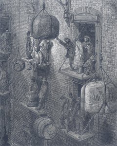 Pakhuizen in de stad Londen. Uit Gustave Dore en Blanchard Jerrold Londen: Een Pelgrimage Londen 1872. door Gustave Dore