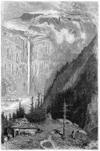 Waterval van Cirque de Gavarnie gezien vanaf de herberg: gravure door Gustave Doré ter illustratie van het boek "Reis naar de Pyreneeën" door Hippolyte Taine, Hachette 1860. door Gustave Dore