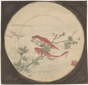 Ontwerp voor een bord met rode, omhoogzwemmende vissen door Gustave Fraipont (signed by artist)