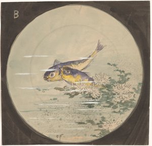 Ontwerp voor een bord met twee blauw-gele vissen bij waterlelies door Gustave Fraipont (signed by artist)