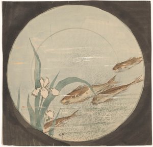 Ontwerp voor een bord met vier bruine, omlaagzwemmende vissen bij een witte iris door Gustave Fraipont (signed by artist)