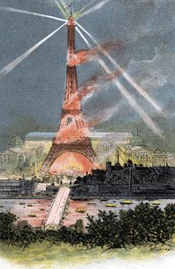 Eiffeltoren verlicht tijdens de wereldtentoonstelling in Parijs 1889 Tekening door Gustave Fraipont (1849-1923) uit 
