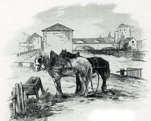 Trekpaarden, quai de la Gironde, Villette Tekening door Gustave Fraipont (1849-1923) uit Saint-Juirs door Gustave Fraipont