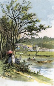Zondagwandelaars aan de Seine in Bas-Meudon (Meudon-sur-Seine) Tekening door Gustave Fraipont (1849-1923) uit Saint-Juirs