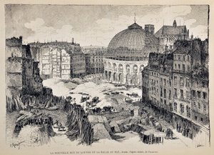 De nieuwe Rue du Louvre en de Halle au Blé in Parijs in 1887. Illustratie door Gustave Fraipont (1849-1923). Gravure uit 1887 in 