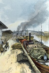 Uitzicht op het Canal de la Villette in Parijs. Tekening door Gustave Fraipont (1849-1923) uit Saint-Juirs door Gustave Fraipont