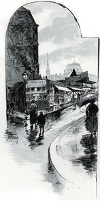 Uitzicht op de brocanteurs op de hoek van de rue de la Bucherie in Parijs Tekening door Gustave Fraipont (1849-1923) uit 
