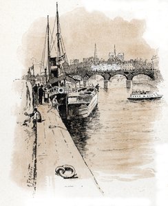 Uitzicht op de maatschappij Seine et Thames waarvan de boten Parijs en Londen verbinden Tekening door Gustave Fraipont (1849-1923) uit 