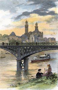 Uitzicht op de voetgangersbrug van Passy (nu brug van Bir Hakeim) in Parijs. Tekening door Gustave Fraipont (1849-1923) uit Saint-Juirs