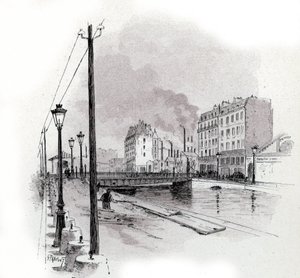 Uitzicht op de draaibrug van quai de Valmy aan het kanaal Saint Martin, Parijs. Tekening door Gustave Fraipont (1849-1923) uit Saint-Juirs