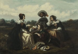 Het verhaal. Personages in Lodewijk XIII-kostuum, ca. 1830 (olieverf) door Gustave François Morin