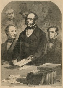 Lord Palmerston legt een kopie van het Vredesverdrag op de tafel van het Lagerhuis