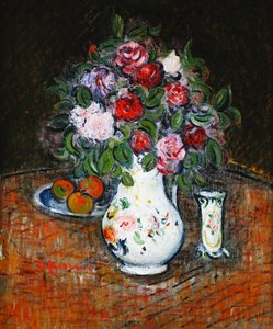 Vaas met bloemen en schaal met fruit; Vase de Fleurs et Bol de Fruits door Gustave Loiseau
