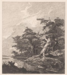 Rivierlandschap met rustende herder bij een boomstronk door Gustave Marie Greux