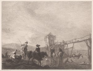 Rustende en zwemmende figuren aan een oever door Gustave Marie Greux