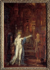 Salome danst in de feestzaal van Herodes. Herodes, zittend op een hoge troon, is gefascineerd door de schoonheid van de magiër