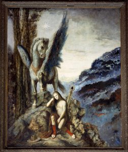 De reiziger dichter Een mediterende, nadenkende reiziger bij het gevleugelde paard Pegase. Schilderij door Gustave Moreau