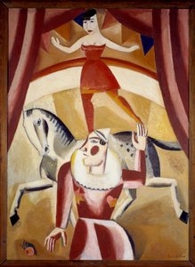 Circus III Een acrobaat, een ruiter in balans op een paard en een clown op een circuspiste die een show geven door Gustave de Smet