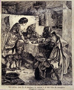 Zijn eerste zorg was om ze naar de keuken te brengen en te voeden... Illustratie van de nieuwe "Colomba" geschreven door Prosper Merimee. Gravure door Gustavino (Gustavo Rosso), circa 1915