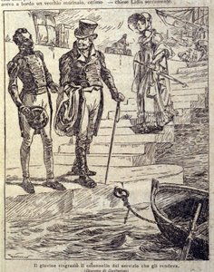 De jonge man bedankte de kolonel voor zijn dienst... Illustratie van de nieuwe "Colomba" geschreven door Prosper Merimee. Gravure door Gustavino (Gustavo Rosso), circa 1915 door Gustavo Gustavino Rosso