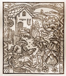 Herderkalender - De Arbeid van de Maanden - Juni - Houtsnede uit het boek van 1496 gedrukt door Guy Marchant (Guido Mercator) in Troyes - Houtsnede in 