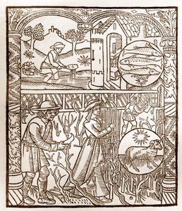 Herderkalender - De Arbeid van de Maanden - Maart - Houtsnede uit het boek van 1496 gedrukt door Guy Marchant (Guido Mercator) in Troyes - Houtsnede in 